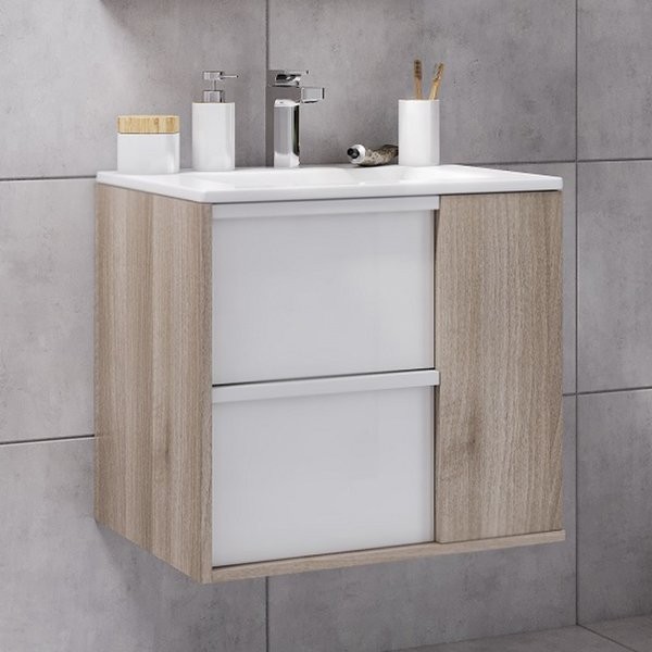 Тумба с раковиной AQUATON Бостон 75 дуб эврика, белая глянцевая, раковина Элина 75