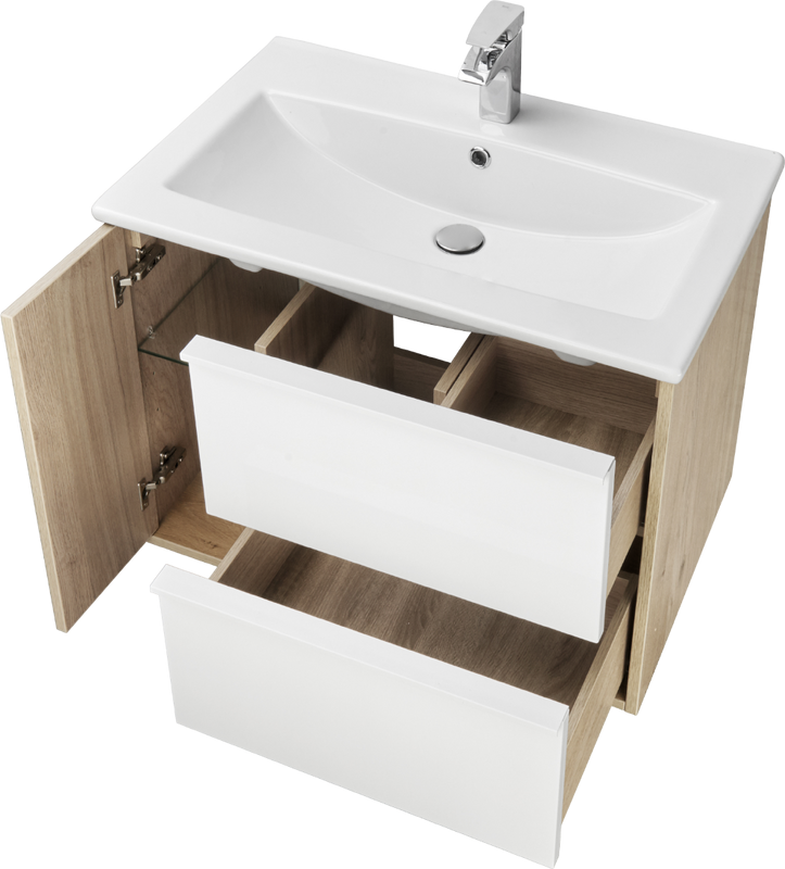Тумба с раковиной AQUATON Бостон 75 дуб эврика, белая глянцевая, раковина Элина 75