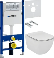 Комплект Унитаз подвесной Ideal Standard Tesi T354601 с микролифтом + Инсталляция Geberit Duofix Delta 458.149.21.1 с кнопкой смыва, хром + Звукоизоляция