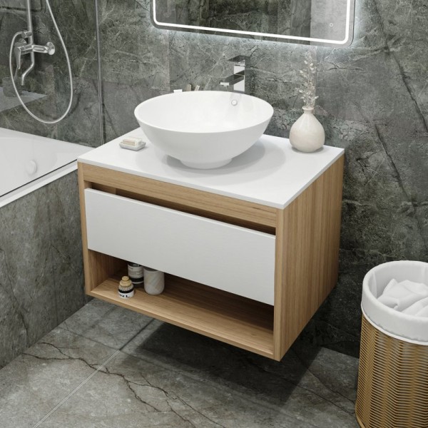 Тумба с раковиной Teymi Ritta 75 дуб эврика, матовая белая, раковина Lina kuppi D40