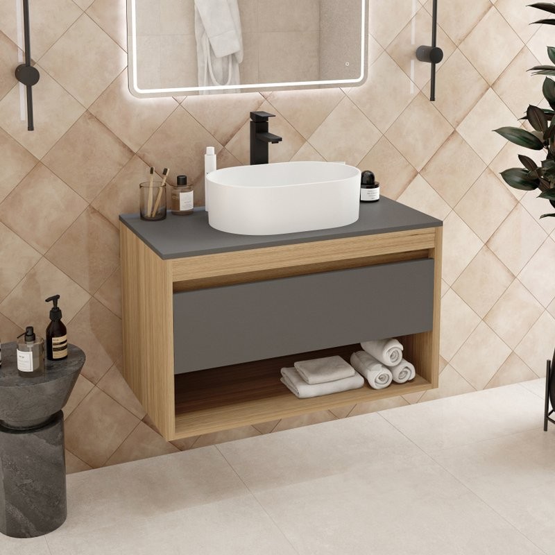 Тумба с раковиной Teymi Ritta 85 дуб эврика, матовый графит, раковина Iva 46