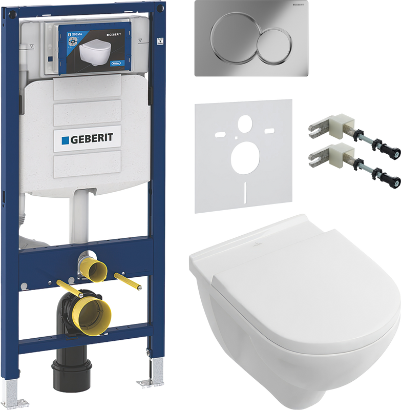 Комплект Унитаз подвесной Villeroy & Boch O.Novo 5660HR01 alpin, безободковый + Крепления Geberit Duofix 111.815.00.1 к стене + Звукоизоляция + Инсталляция UP 320 111.300.00.5 + Кнопка Sigma 01 115.770.21.5 хром