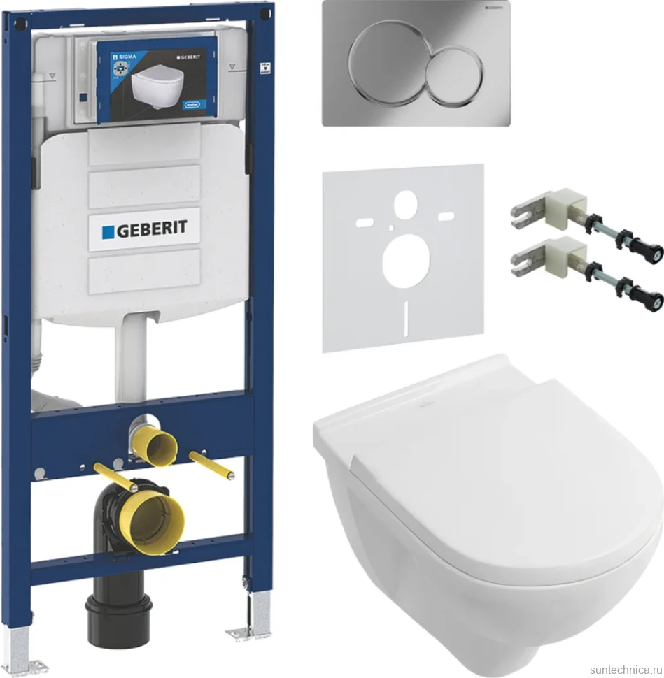 Комплект Унитаз подвесной Villeroy & Boch O.Novo 5660HR01 alpin, безободковый + Крепления Geberit Duofix 111.815.00.1 к стене + Звукоизоляция + Инсталляция UP 320 111.300.00.5 + Кнопка Sigma 01 115.770.21.5 хром