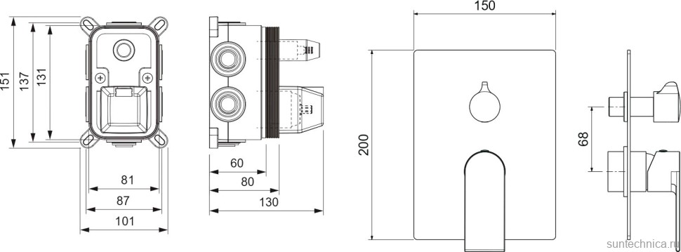 Встраиваемый смеситель для душа и ванны AQUATEK Лира AQ1447CR С ВНУТРЕННЕЙ ЧАСТЬЮ, 3 режима, хром