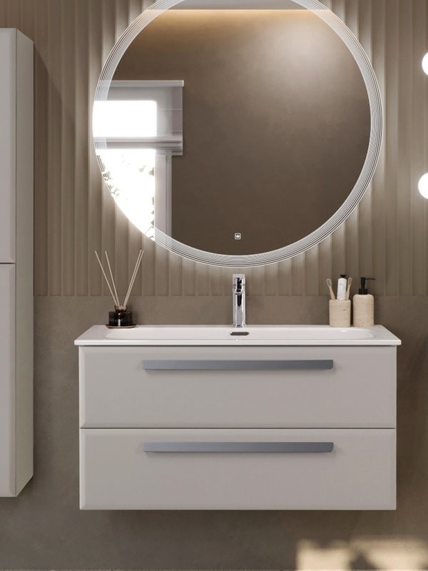 Тумба с раковиной Cezares Eco-Cer-N 100 серо-бежевая матовая, раковина CZR-8073-100, ручки серые