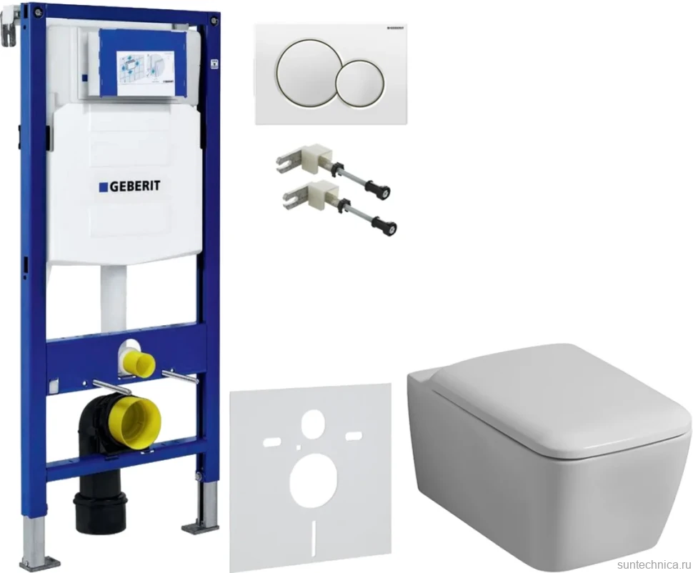 Комплект Унитаз подвесной Geberit iCon Square 201950000 + Крышка Square 571910000 + Крепления Duofix 111.815.00.1 к стене + Звукоизоляция + Инсталляция UP 320 111.300.00.5 + Кнопка Sigma 01 115.770.11.5 белая