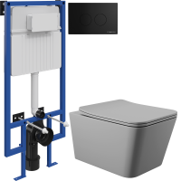 Комплект Унитаз подвесной Aqueduto Macio MAC0130 безободковый, с микролифтом, серый матовый + Инсталляция STWORKI + Кнопка Хельсинки 500471 черная матовая