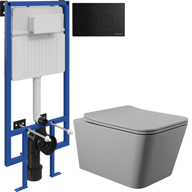 Комплект Унитаз подвесной Aqueduto Macio MAC0130 безободковый, с микролифтом, серый матовый + Инсталляция STWORKI + Кнопка Хельсинки 500471 черная матовая