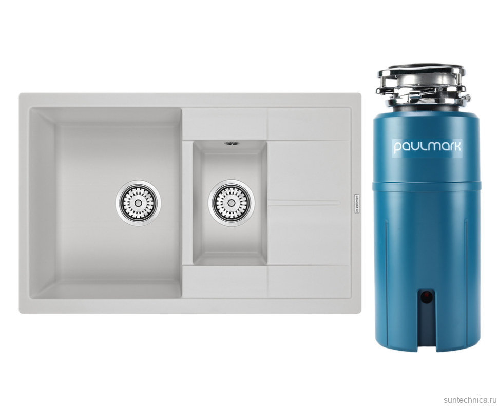 Комплект Мойка Paulmark Flugen 60/1,5 PM237850-WH белый + Измельчитель Intenso