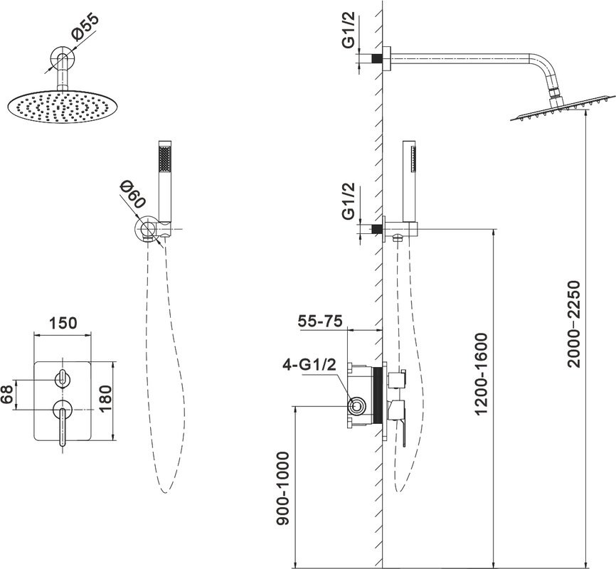 Душевой комплект AltroBagno Unione 040106 Cr С ВНУТРЕННЕЙ ЧАСТЬЮ, хром