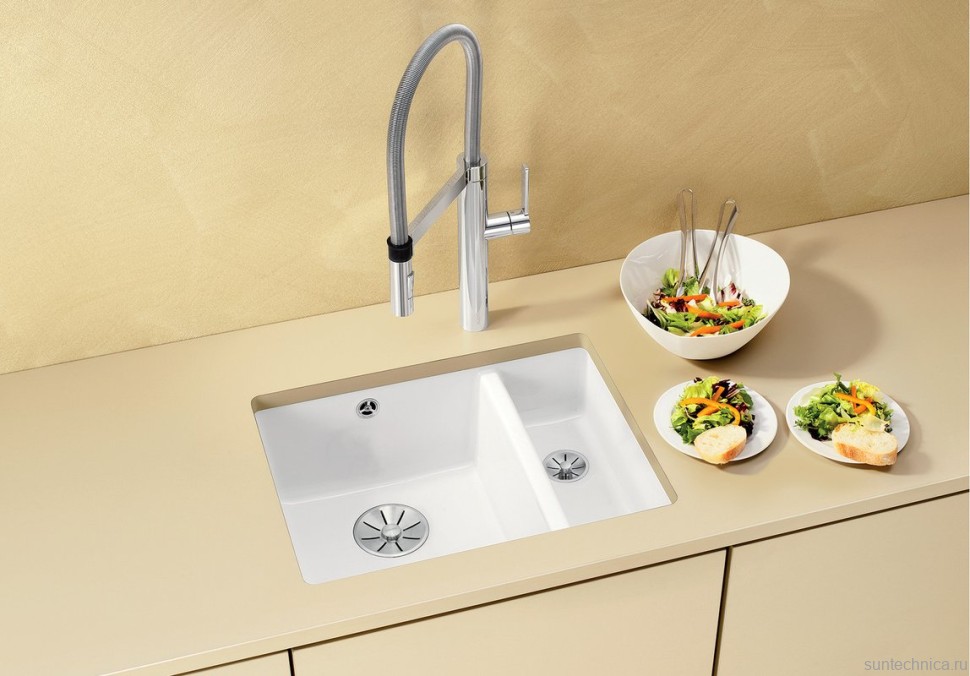 Комплект Мойка Blanco Subline 350/150-U глянцевая белая, с отводной арматурой InFino + Измельчитель Franke