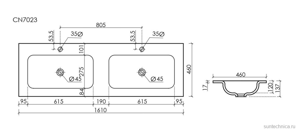 Мебельная раковина Ceramicanova Grace прямоугольная 161см с двумя чашами и отверстиями под смеситель CN7023