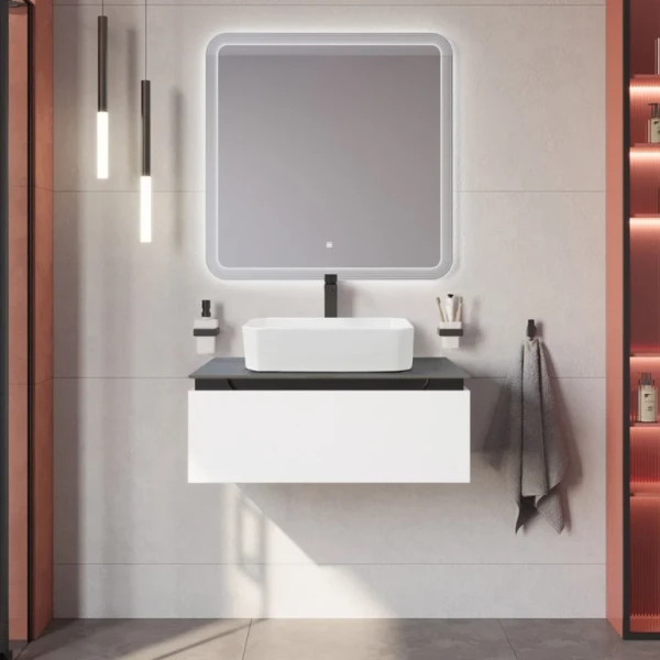 Мебель для ванной комнаты Cezares Slider 80 подвесная, 1 ящик, bianco opaco, столешница marmo nero opaco