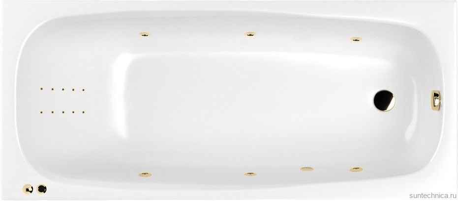 Акриловая ванна WHITECROSS Layla Line Nano 170x75 см, встраиваемая, с гидромассажем, белый глянец, с каркасом, со сливом-переливом, фурнитура золото