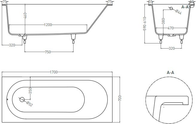 Ванна из искусственного камня Salini Ornella S-Sense 170x70 см, встраиваемая, матовая белая, на ножках