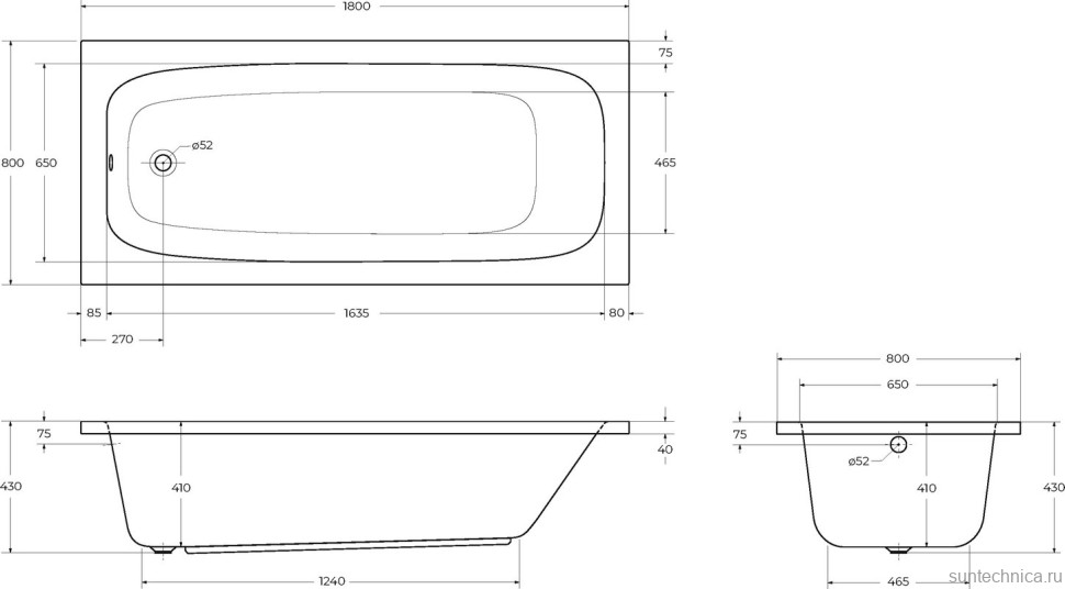 Акриловая ванна Cezares Eco 180x80 см, пристенная, белая, на ножках