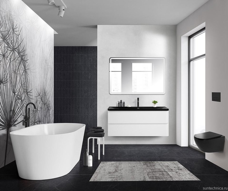 Тумба с раковиной BelBagno Albano 120 подвесная, bianco lucido, черная матовая раковина