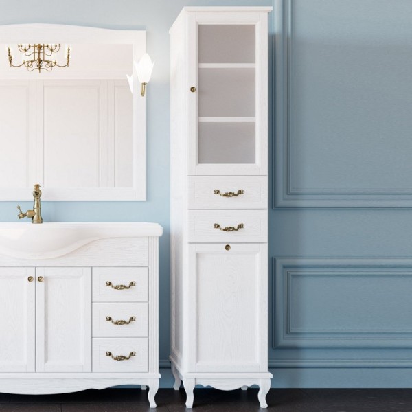 Шкаф пенал для ванной ValenHouse Эллина 40 R с бельевой корзиной, белый, фурнитура бронза