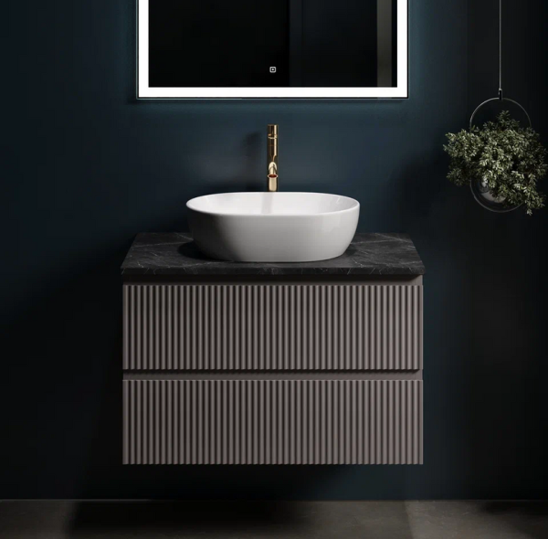 Тумба с раковиной Sancos Snob R 80 см, doha soft, столешница черный мрамор, раковина CN6019