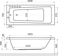 Акриловая ванна Excellent Ava Line Nano 160x70 см, встраиваемая, с гидромассажем, белая, с каркасом, со сливом-переливом, фурнитура золото