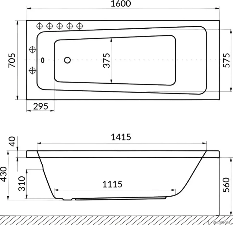 Акриловая ванна Excellent Ava Line Nano 160x70 см, встраиваемая, с гидромассажем, белая, с каркасом, со сливом-переливом, фурнитура золото