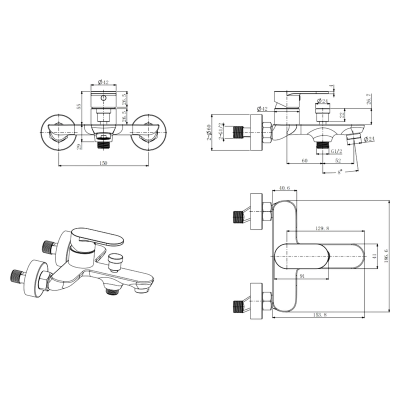 Смеситель для ванны с душем Splendy Rest RE203N2K215CR хром