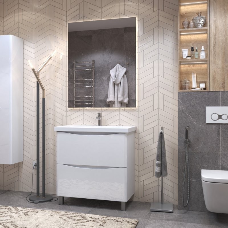 Тумба с раковиной Vigo Glem 80 напольная, 2 ящика, глянцевая белая