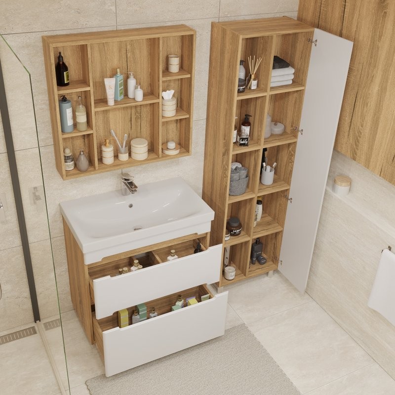 Тумба с раковиной SanStar Diva 80 напольная, матовая белая, дуб вотан, раковина Moduo 80