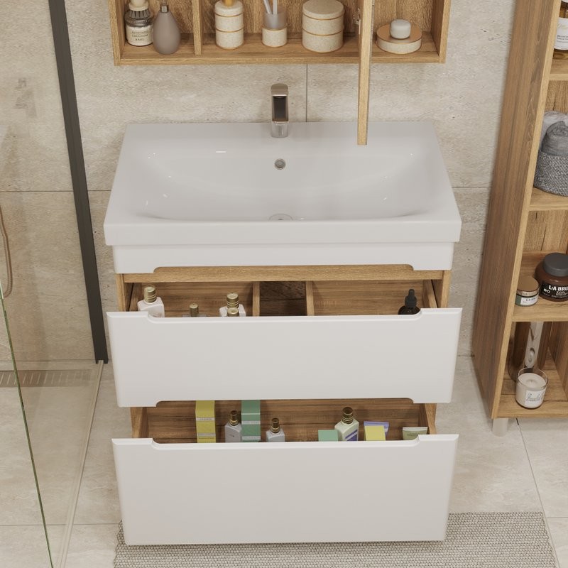 Тумба с раковиной SanStar Diva 80 напольная, матовая белая, дуб вотан, раковина Moduo 80