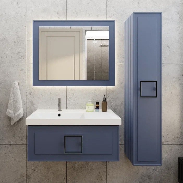 Тумба с раковиной La Fenice Cubo 90 L синяя, ручка черная