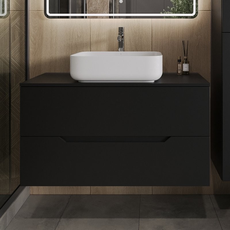 Тумба с раковиной Orange Line 100 подвесная, 2 ящика, матовая черная с раковиной B05-500W