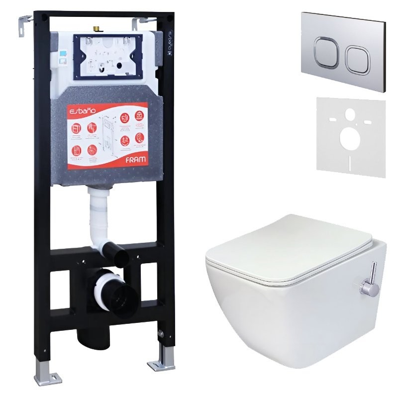 Комплект 3 в 1 Унитаз подвесной Esbano ESWBLEONWN + Инсталляция Fram + Кнопка ESINLPS10MC цвет матовый хром