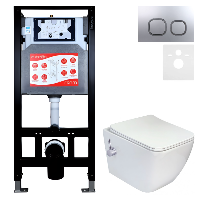 Комплект 3 в 1 Унитаз подвесной Esbano ESWBLEONWN + Инсталляция Fram + Кнопка ESINLPS10MC цвет матовый хром