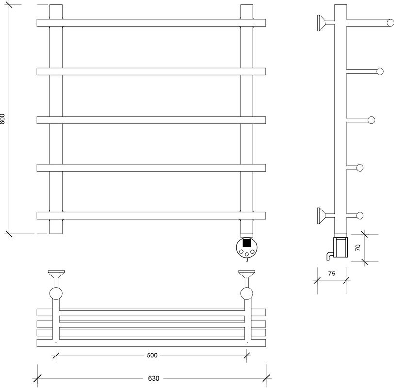 Полотенцесушитель электрический Secado Турин 6 60x55 см, подключение справа, матовый черный, лесенка, с полкой
