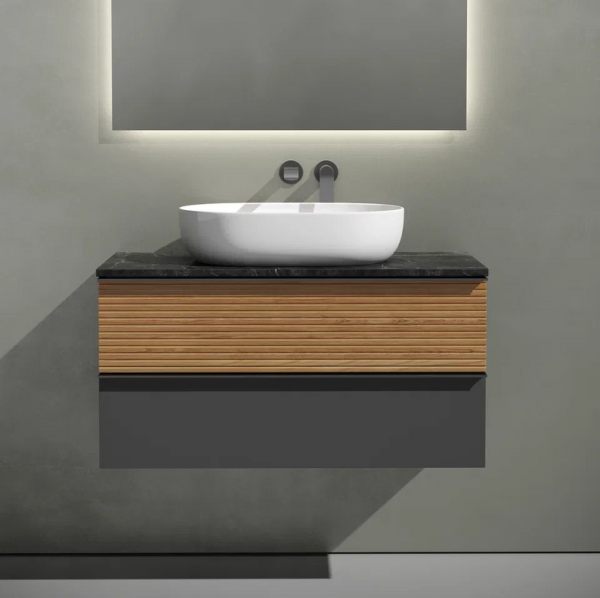 Тумба с раковиной Sancos Delta 100 см, дуб красный, графит, столешница черный мрамор, раковина CN6047