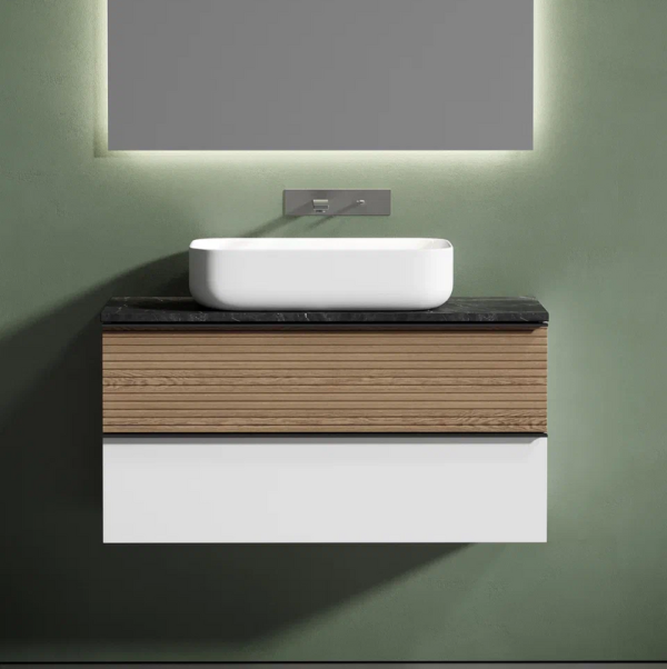 Тумба под раковину со столешницей Sancos Delta 100 дуб светлый, белый, столешница черный мрамор