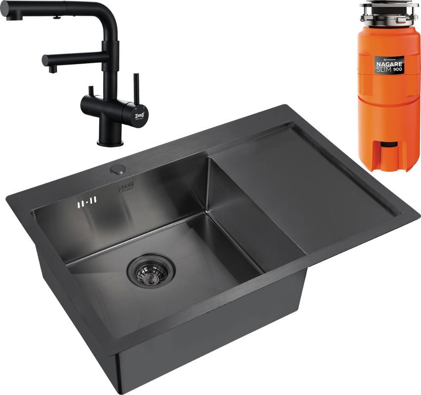 Комплект Мойка Zorg Inox PVD 7851 L grafit + Смеситель Sanitary SZR-3216 Grafit графит + Измельчитель Omoikiri Nagare slim 900