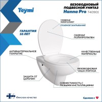 Унитаз подвесной Teymi Hanna Pro T40901 с микрофлитом, безободковый, белый