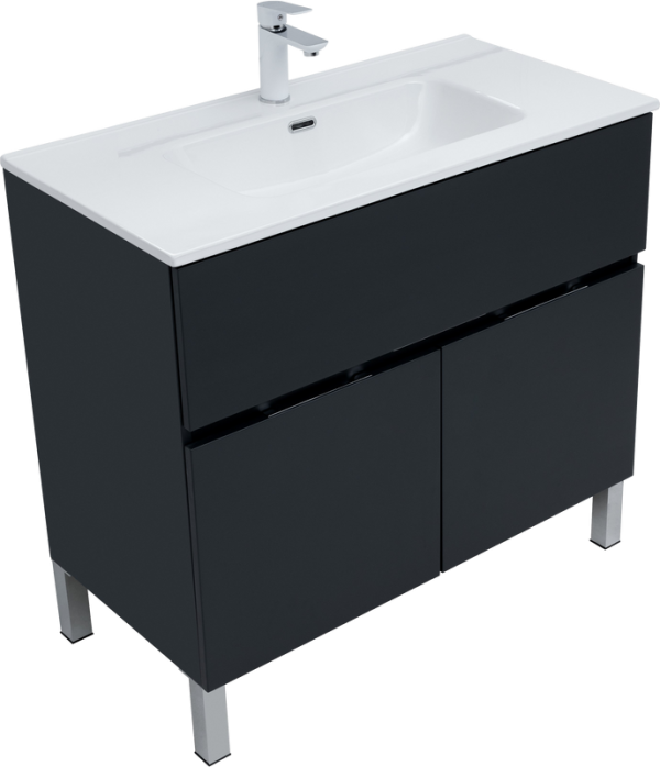 Тумба с раковиной Aquanet Алвита 90 напольная, антрацит, с дверками и ящиком