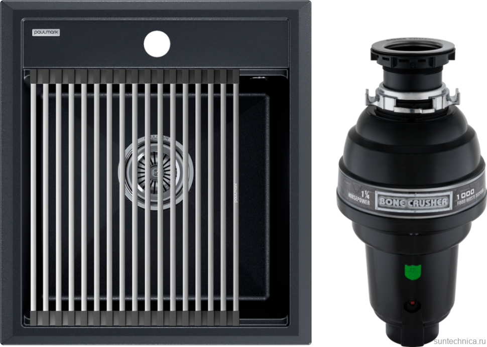 Комплект Мойка Paulmark Stepia + Step PM114651-BLM+R375-BS черный металлик + Измельчитель Bone Crusher BC 1000-AS