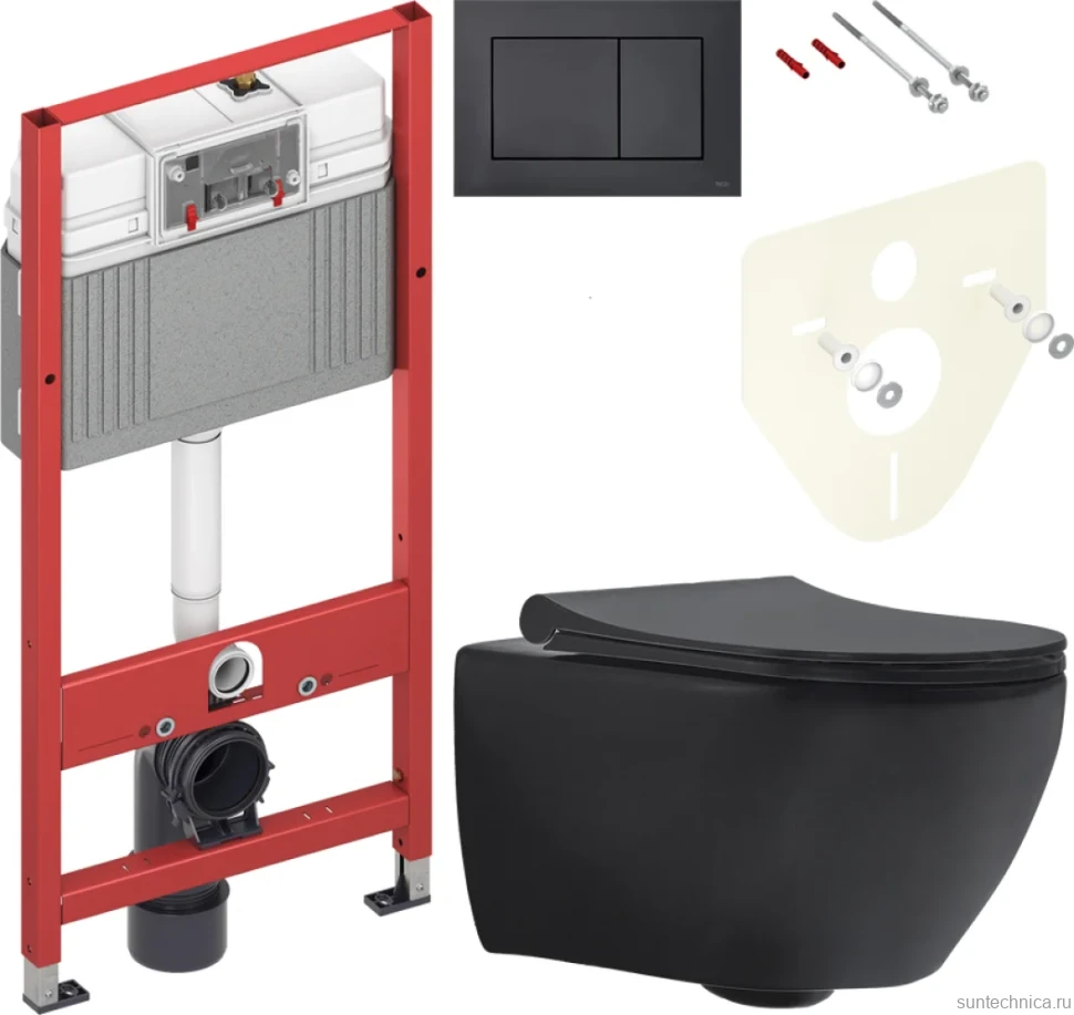 Комплект Унитаз подвесной beWash Bogen 88303670 с сиденьем микролифт, с функцией биде, черный матовый + Инсталляция TECE Now 9400414 4 в 1 с кнопкой смыва