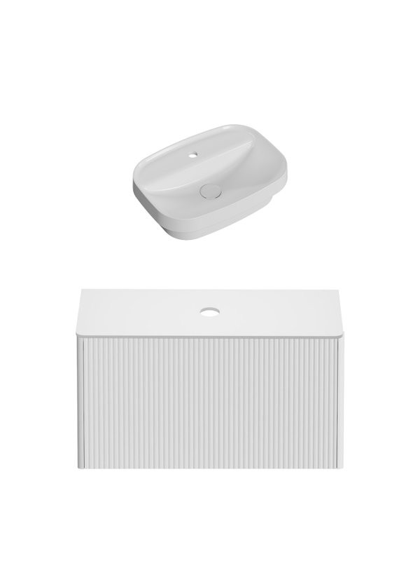 Тумба с раковиной Allen Brau Gravity 80 1 ящик, с фрезеровкой, матовый белый, столешница белая, раковина Fantasy Sphere 55x40, белая