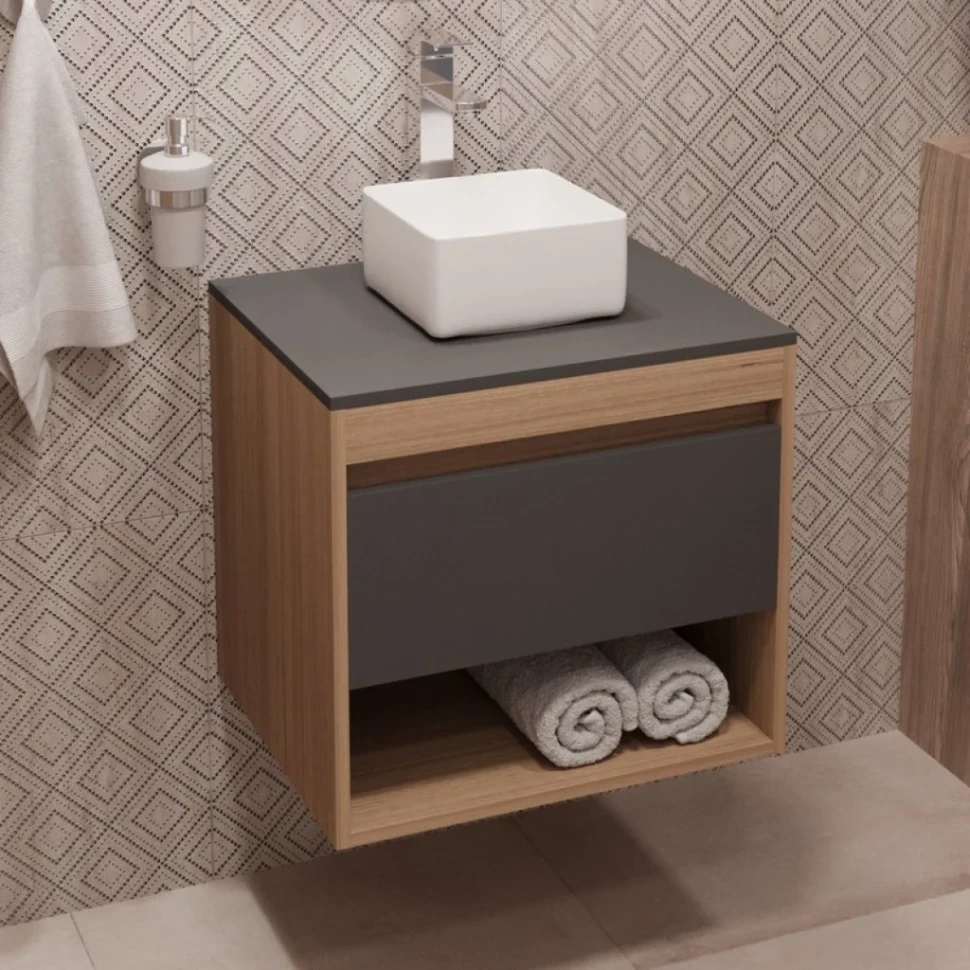 Тумба с раковиной Teymi Ritta 55 дуб эврика, матовый графит, раковина Helmi Mini 24