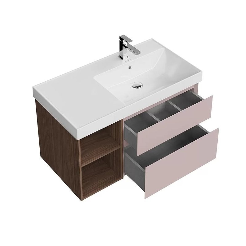 Тумба под раковину KERAMA MARAZZI Cubo 90, правая подвесная, с ящиками и полкой, мальва матовая, структурированный орех