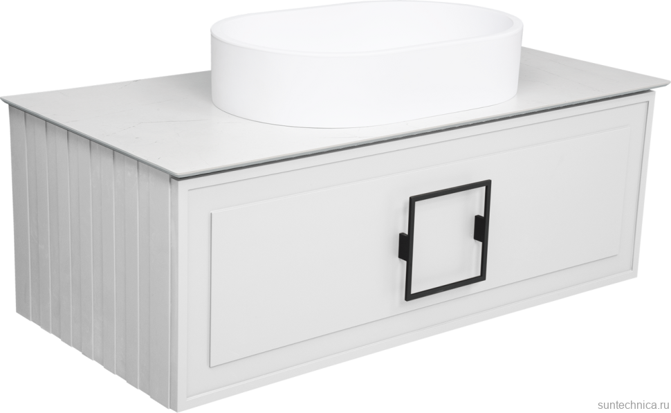 Тумба с раковиной La Fenice Cubo 100 подвесная, bianco, ручка черная, столешница белый мрамор, раковина матовая белая
