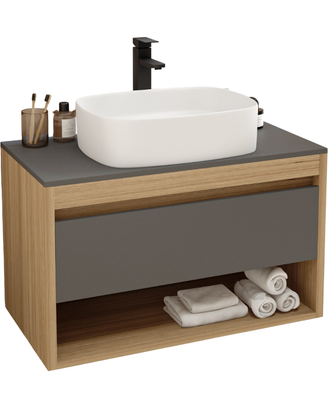 Тумба с раковиной Teymi Ritta 85 дуб эврика, матовый графит, раковина Solli 51