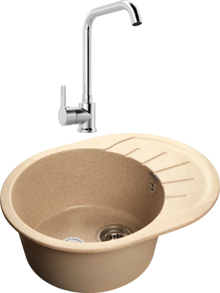 Комплект Мойка GranFest Rondo GF-R580L песочный + Смеситель MEGA Ege MG-PL10 хром