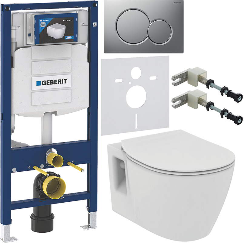 Комплект Унитаз подвесной Ideal Standard Connect + Крышка E772401 с микролифтом + Инсталляция Geberit Duofix UP 320 111.300.00.5 + Кнопка Sigma 01 115.770.JQ.5 лакированная, матовый хром + Крепления 111.815.00.1 к стене + Звукоизоляция