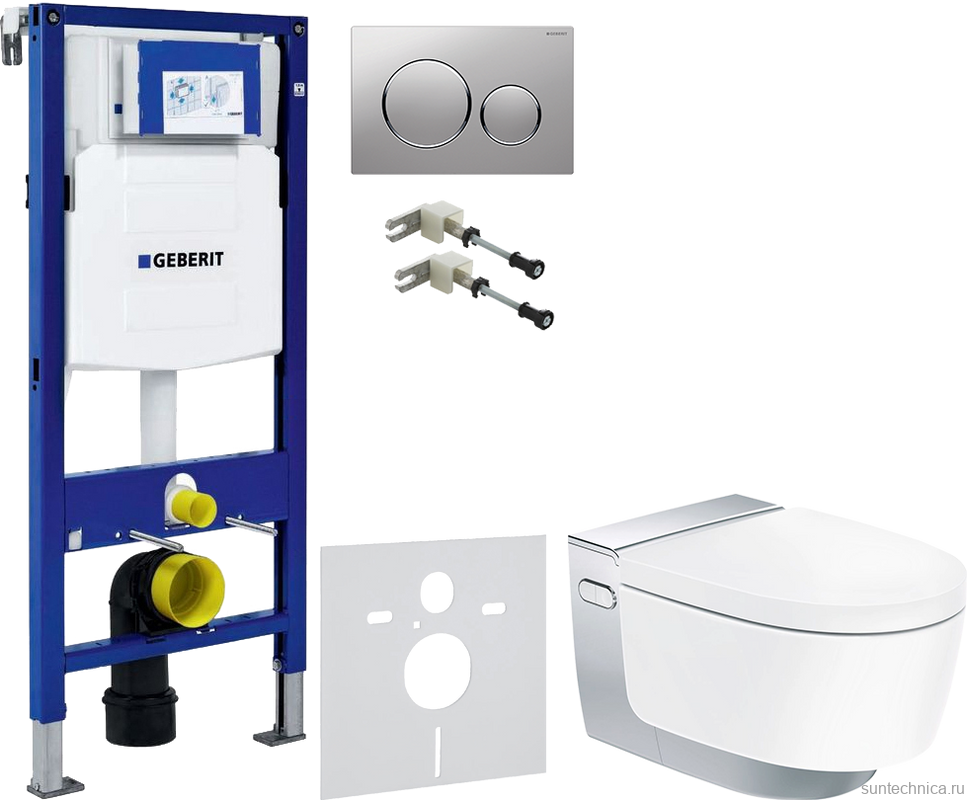 Комплект Умный унитаз Geberit AquaClean Mera Comfort 146.214.21.1 с системой удаления запахов, глянцевый хром + Крепления Duofix 111.815.00.1 к стене + Звукоизоляция + Инсталляция UP 320 111.300.00.5 + Кнопка Sigma 20 115.882.JQ.1 хром матовый, хром глянц