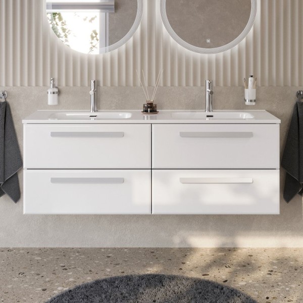 Тумба с раковиной Cezares Eco Cer-N 140 4 ящика, bianco lucido, раковина Duet 140, двойная, ручки сатин